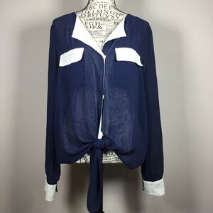 Navy blue sheer tie front blouse silver sequin collar cuff and pocket tops sz L